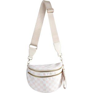 👑Women's Beige Nylon Checkered Classic Adjustable Straps Zipper Crossbody Bag
